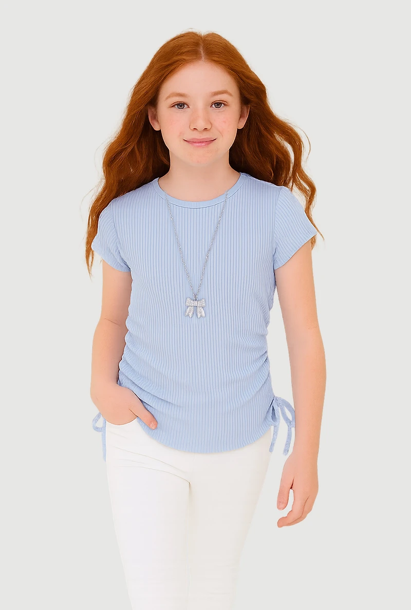 Girls Ribbed Knit Tee with Removable Rhinestone Bow Necklace, Blue, Size 14-16