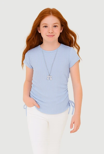 Girls Ribbed Knit Tee with Removable Rhinestone Bow Necklace, Blue, Size 14-16
