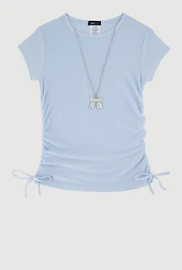 Girls Ribbed Knit Tee with Removable Rhinestone Bow Necklace, Blue, Size 14-16