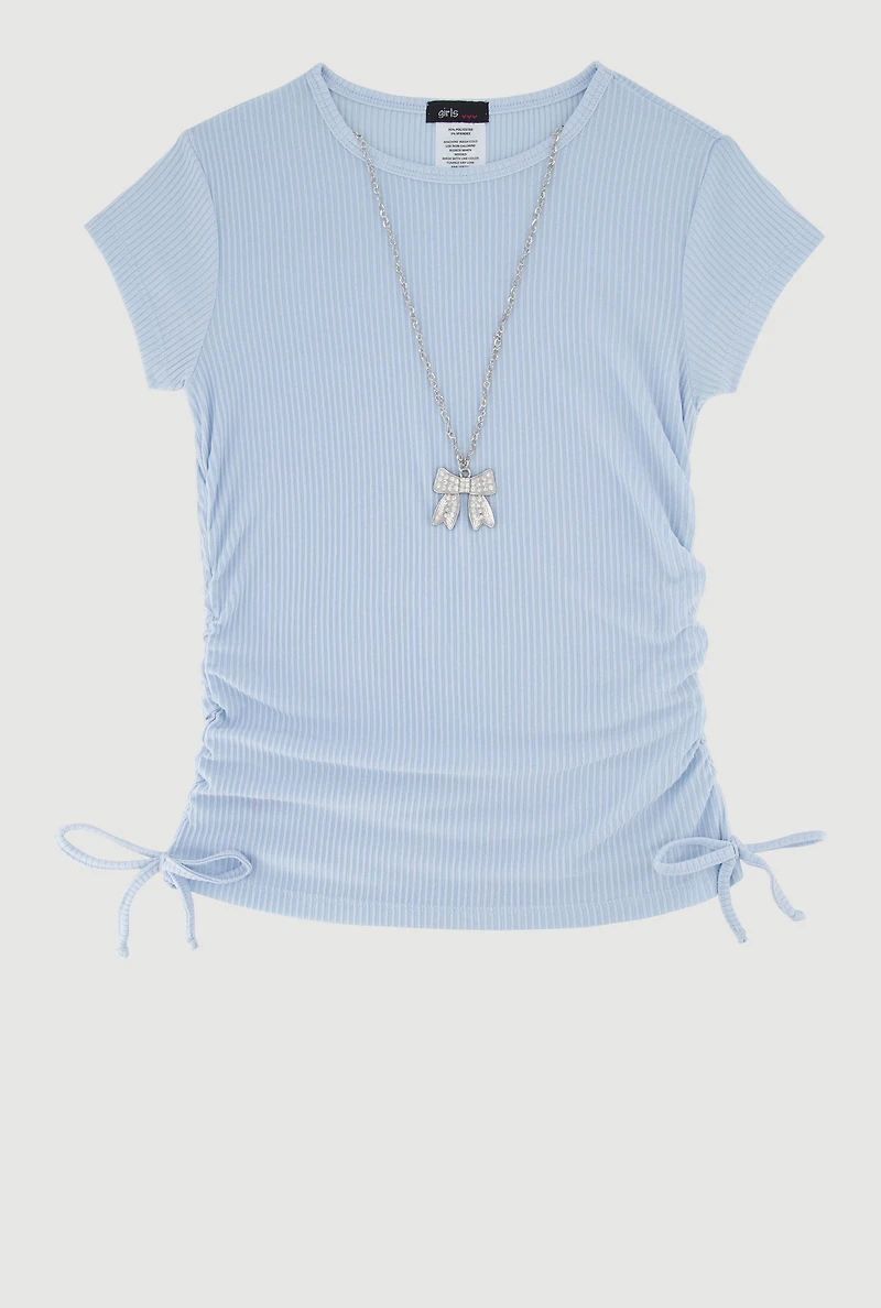Girls Ribbed Knit Tee with Removable Rhinestone Bow Necklace, Blue, Size 10-12