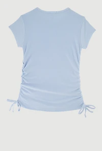 Girls Ribbed Knit Tee with Removable Rhinestone Bow Necklace, Blue, Size 14-16