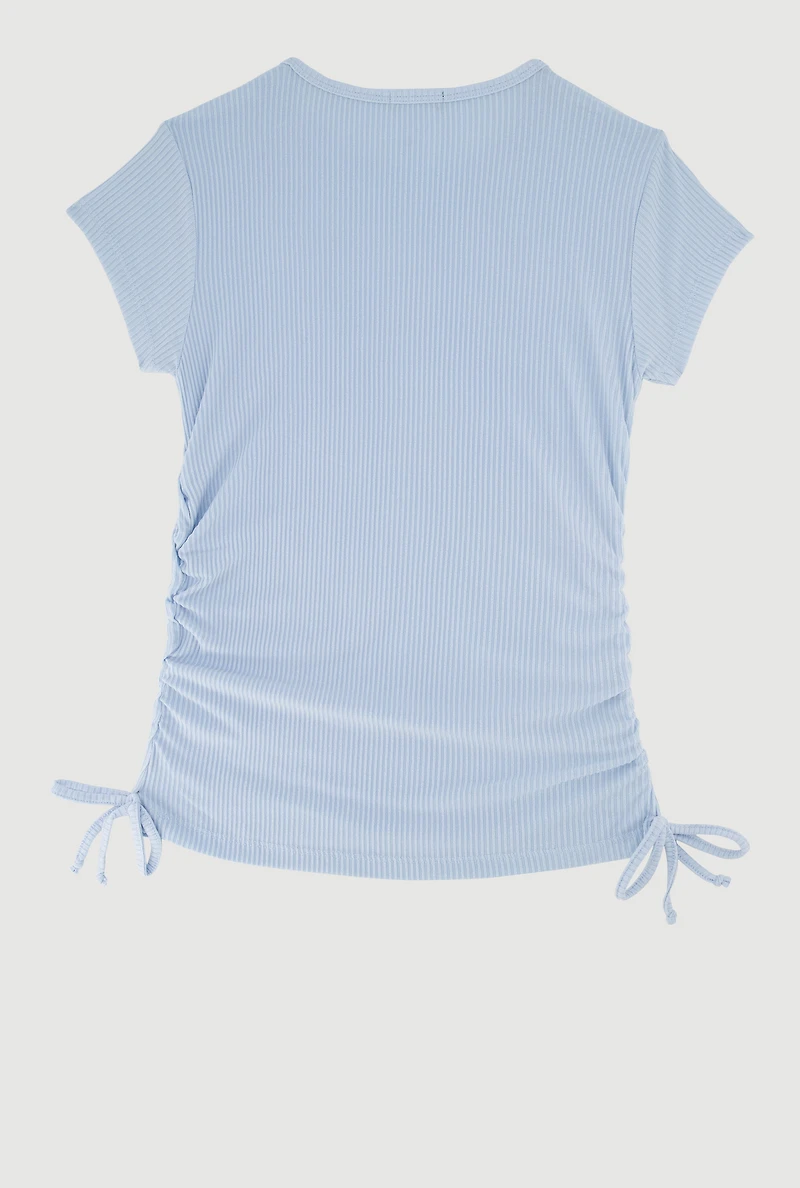 Girls Ribbed Knit Tee with Removable Rhinestone Bow Necklace, Blue, Size 7-8