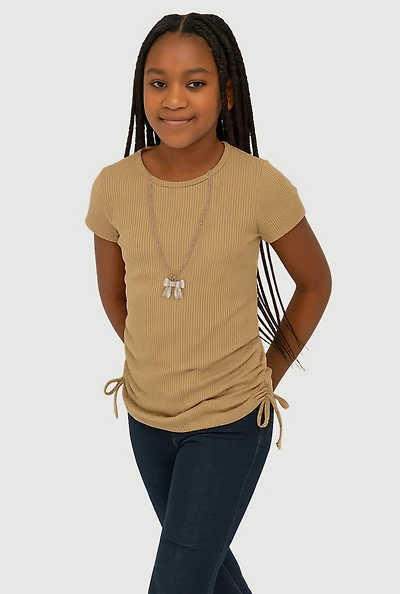 Girls Ribbed Knit Tee with Removable Rhinestone Bow Necklace, Beige, Size 14-16