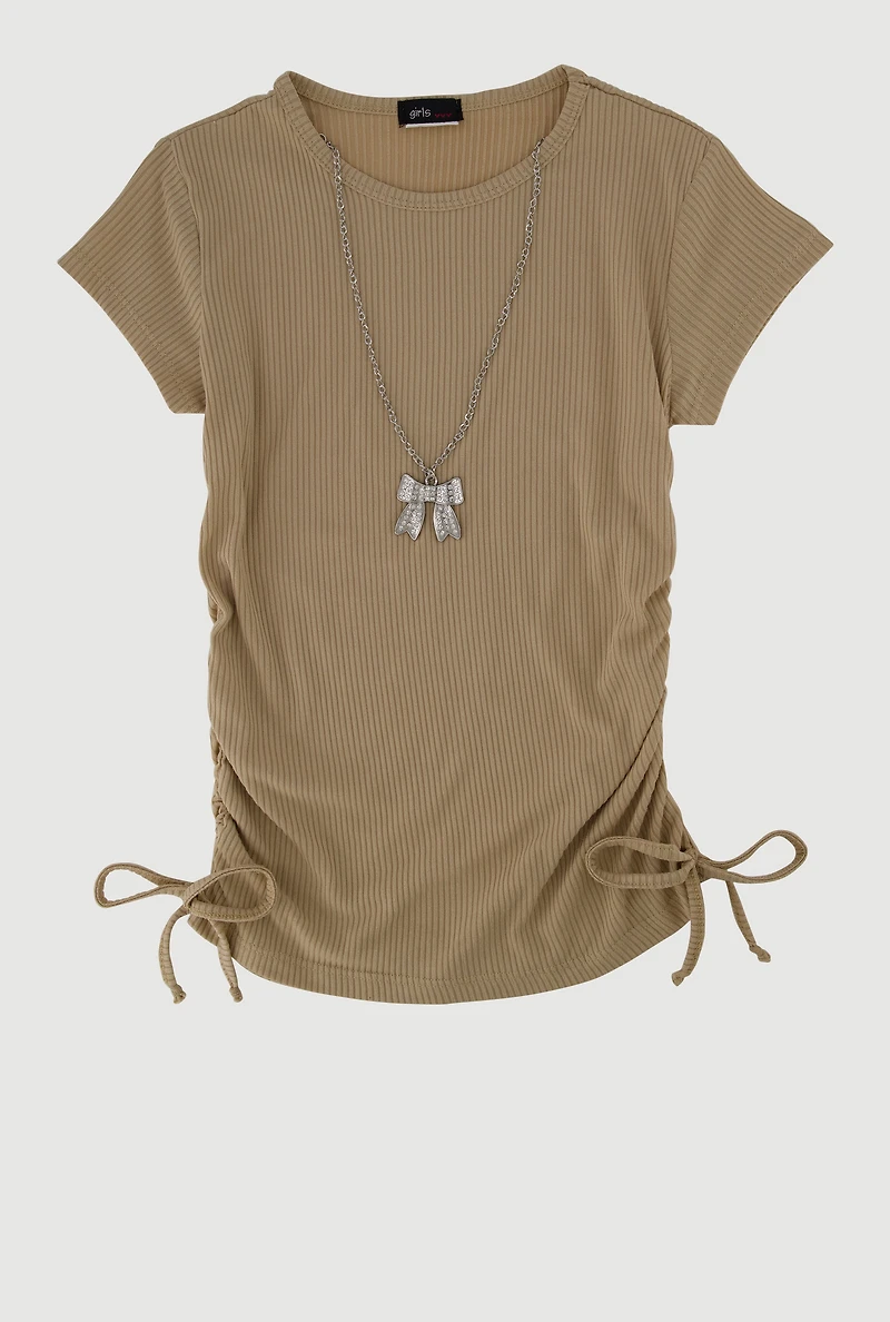 Girls Ribbed Knit Tee with Removable Rhinestone Bow Necklace, Beige,