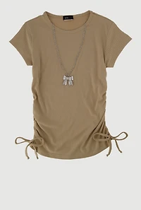 Girls Ribbed Knit Tee with Removable Rhinestone Bow Necklace, Beige,