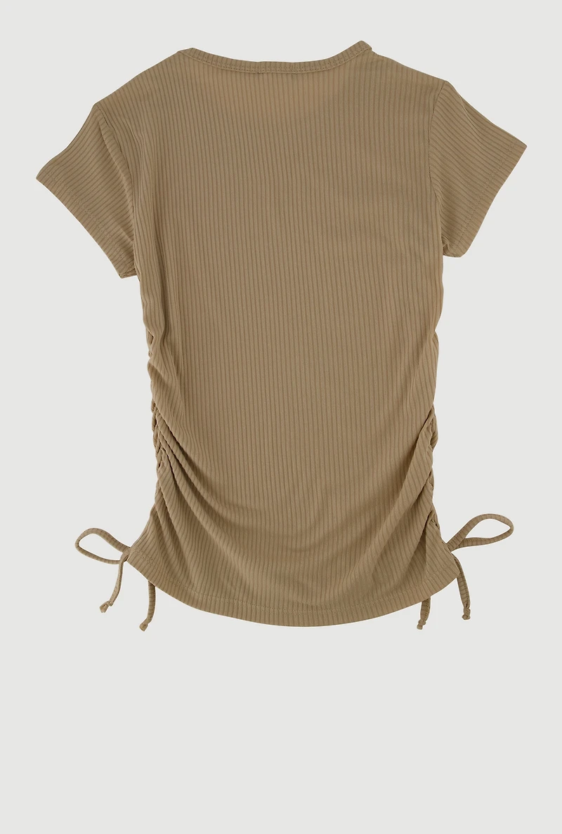 Girls Ribbed Knit Tee with Removable Rhinestone Bow Necklace, Beige,