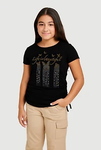 Girls Rhinestone Life Is Beautiful Ruched Side Graphic Tee, Black, Size 10-12