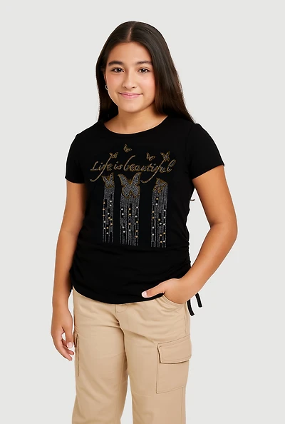 Girls Rhinestone Life Is Beautiful Ruched Side Graphic Tee,