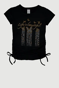 Girls Rhinestone Life Is Beautiful Ruched Side Graphic Tee, Black,