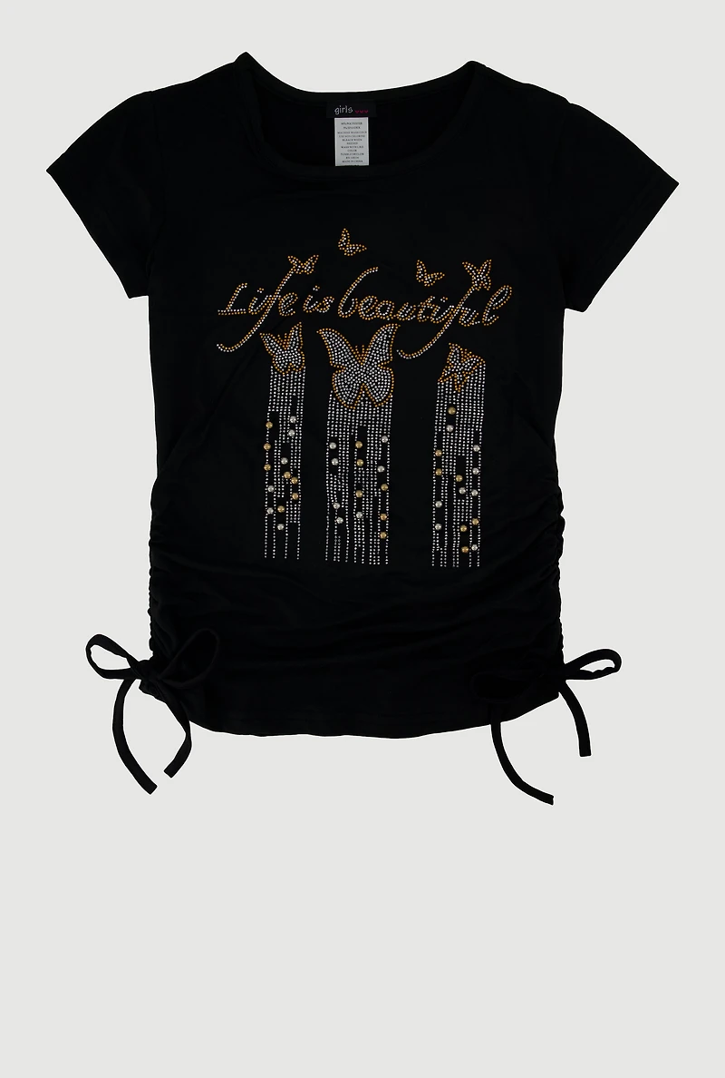Girls Rhinestone Life Is Beautiful Ruched Side Graphic Tee, Black, Size 10-12