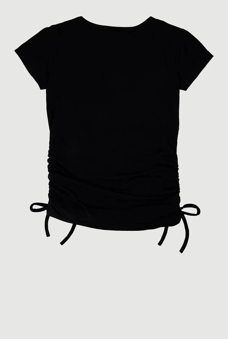 Girls Rhinestone Life Is Beautiful Ruched Side Graphic Tee, Black, Size 10-12