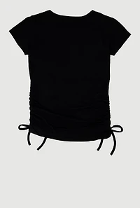 Girls Rhinestone Life Is Beautiful Ruched Side Graphic Tee, Black, Size 10-12