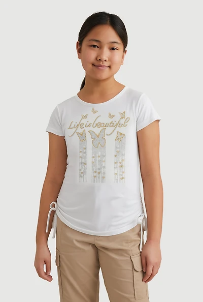 Girls Rhinestone Life Is Beautiful Ruched Side Graphic Tee, White, Size 14-16