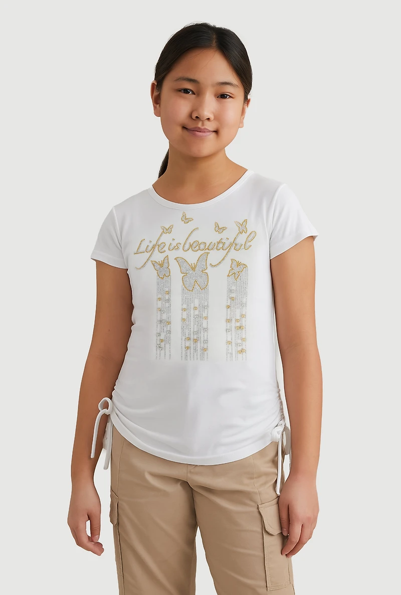 Girls Rhinestone Life Is Beautiful Ruched Side Graphic Tee, White, Size 7-8