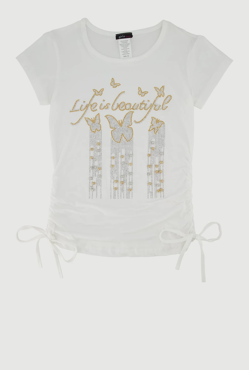 Girls Rhinestone Life Is Beautiful Ruched Side Graphic Tee, White, Size 7-8
