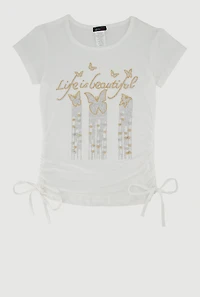 Girls Rhinestone Life Is Beautiful Ruched Side Graphic Tee, White, Size 7-8