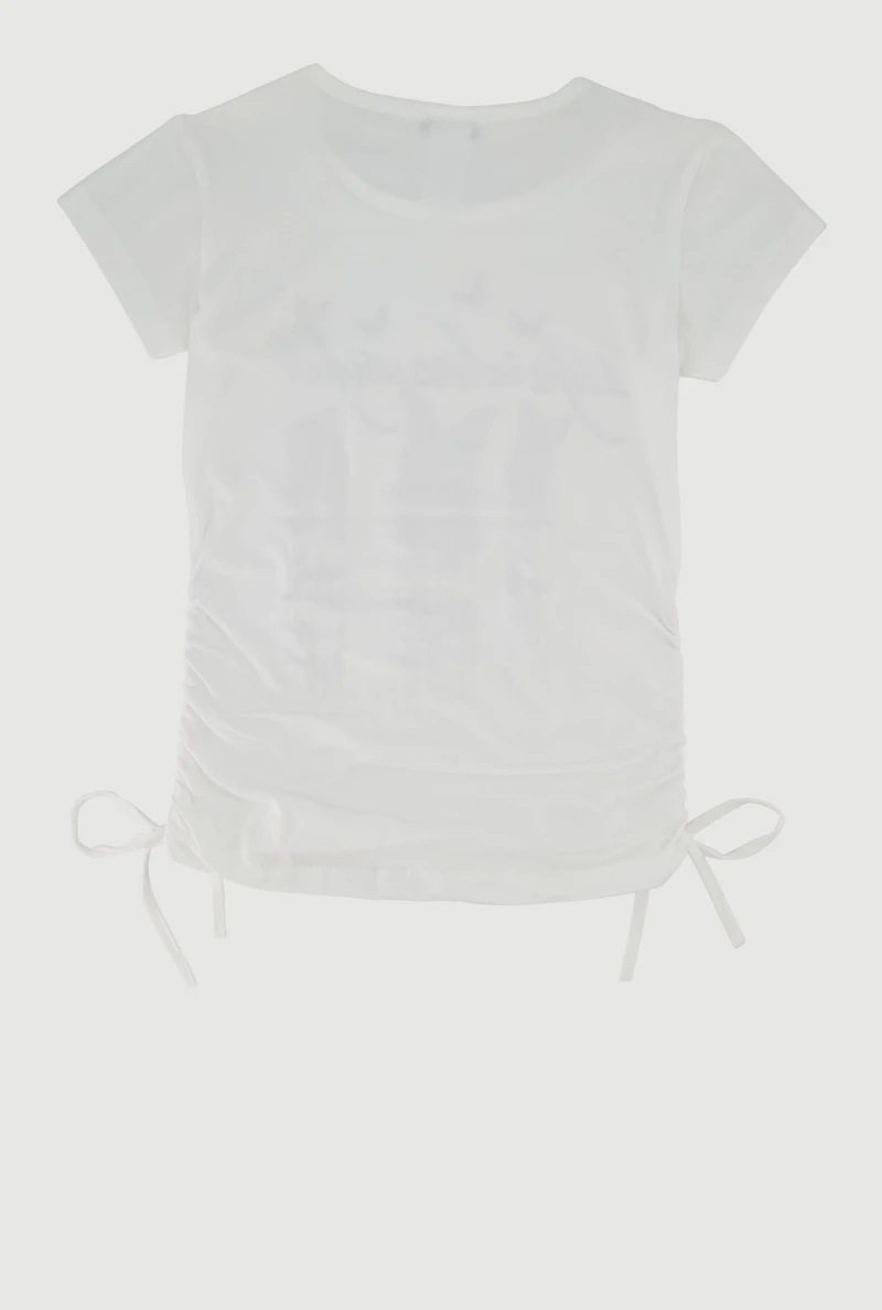 Girls Rhinestone Life Is Beautiful Ruched Side Graphic Tee, White, Size 7-8