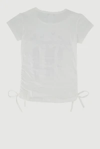 Girls Rhinestone Life Is Beautiful Ruched Side Graphic Tee, White, Size 7-8