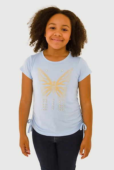 Girls Butterfly Rhinestone Ruched Top, Blue, Size 10-12