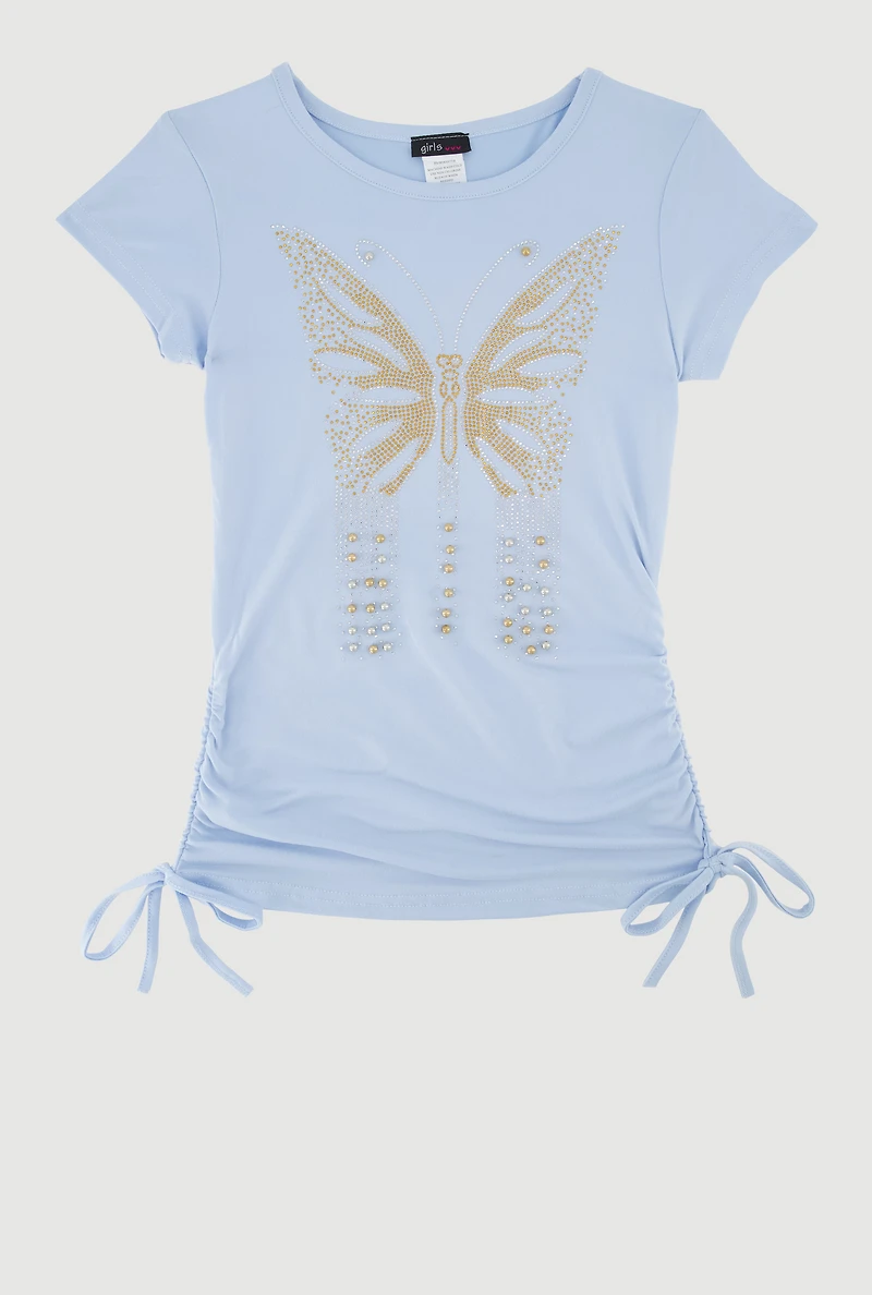 Girls Butterfly Rhinestone Ruched Top, Blue, Size 14-16
