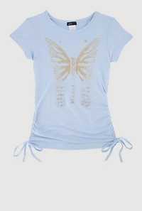 Girls Butterfly Rhinestone Ruched Top, Blue, Size 14-16