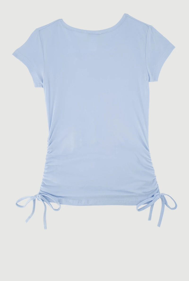 Girls Butterfly Rhinestone Ruched Top, Blue, Size 14-16