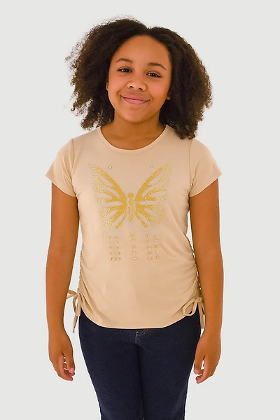 Girls Butterfly Rhinestone Ruched Top, Beige,
