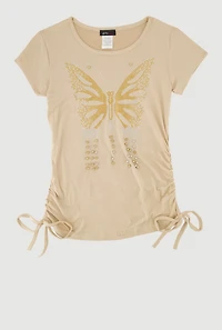 Girls Butterfly Rhinestone Ruched Top, Beige,