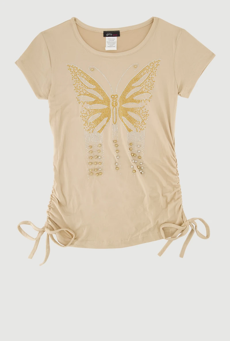 Girls Butterfly Rhinestone Ruched Top, Beige, Size 10-12