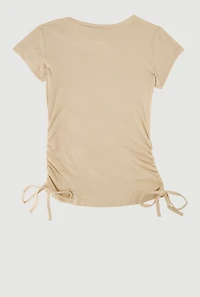 Girls Butterfly Rhinestone Ruched Top, Beige,