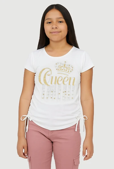 Girls Queen Rhinestone Ruched Top, White, Size 7-8