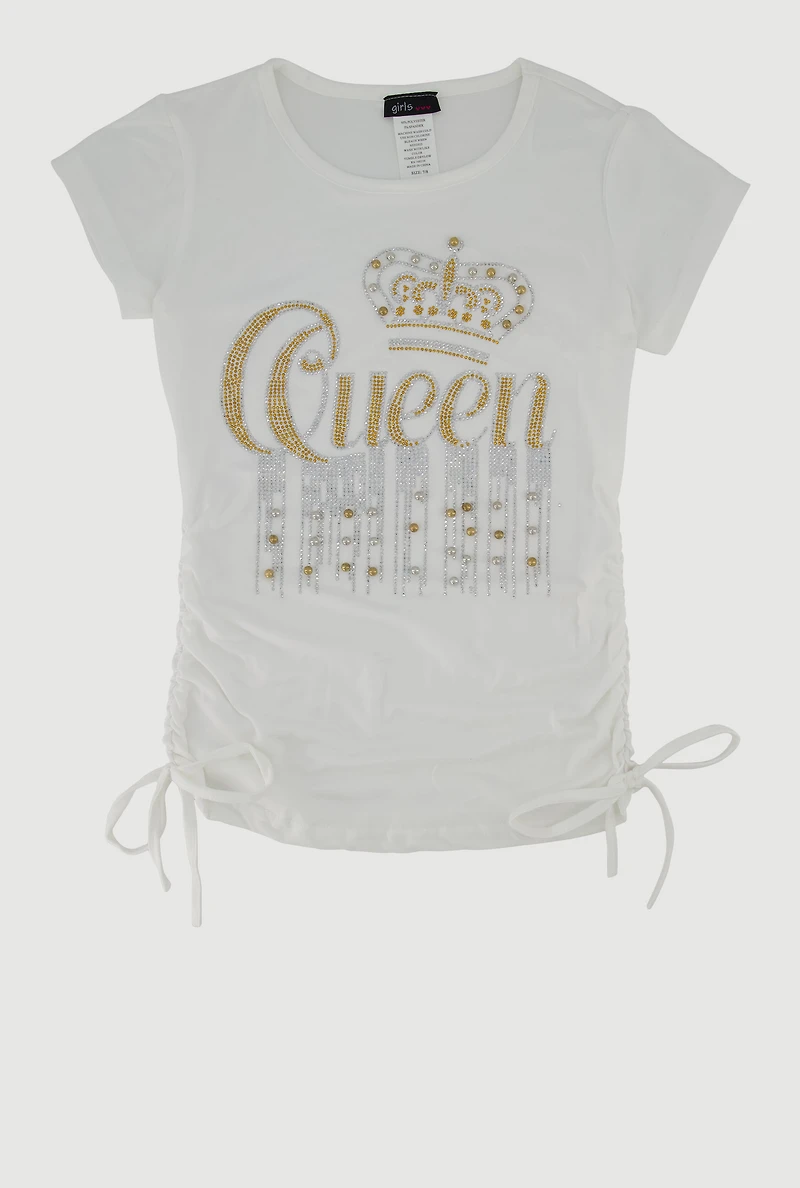 Girls Queen Rhinestone Ruched Top, White, Size 7-8