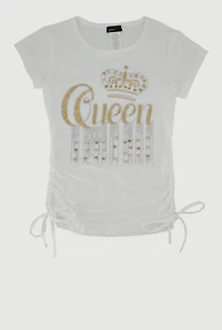 Girls Queen Rhinestone Ruched Top, White, Size 7-8