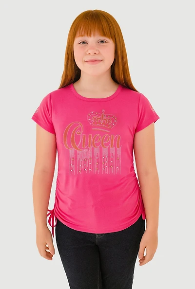 Girls Queen Rhinestone Ruched Top, Pink, Size 7-8