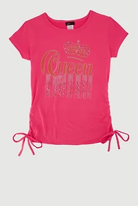 Girls Queen Rhinestone Ruched Top, Pink, Size 10-12