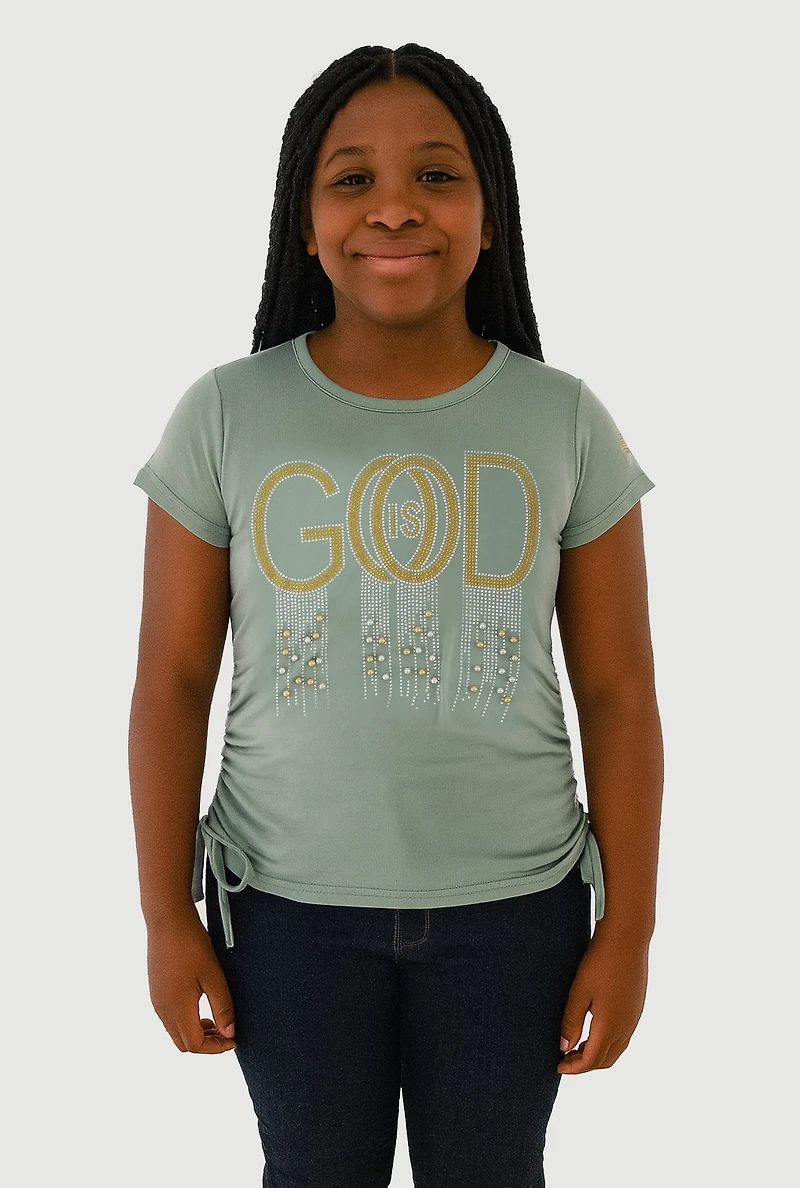 Girls God Is Good Rhinestone Ruched Top, Green, Size 10-12