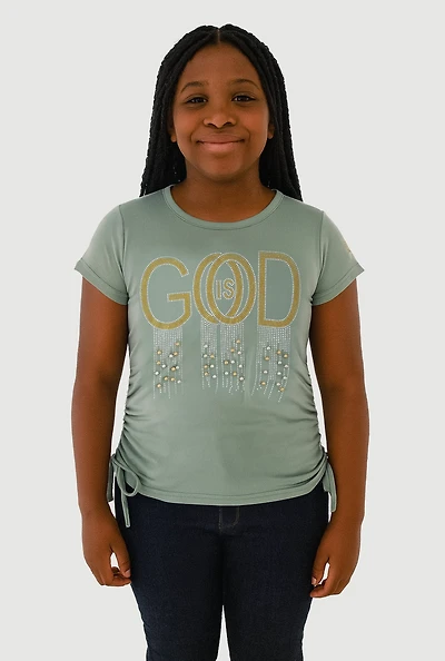 Girls God Is Good Rhinestone Ruched Top, Green, Size 10-12