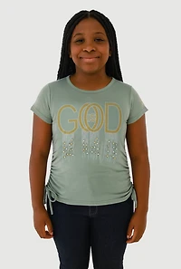 Girls God Is Good Rhinestone Ruched Top, Green, Size 10-12