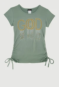 Girls God Is Good Rhinestone Ruched Top, Green, Size 10-12