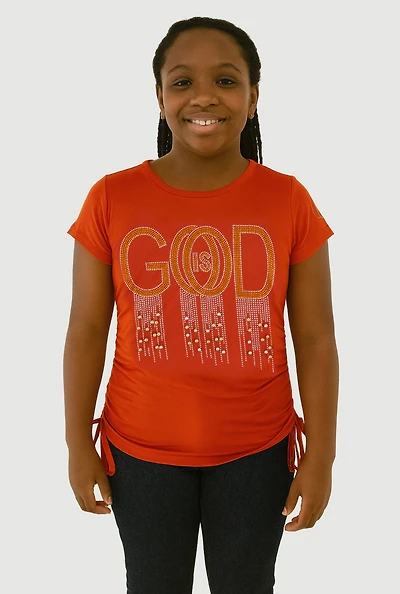 Girls God Is Good Rhinestone Ruched Top, Orange, Size 10-12
