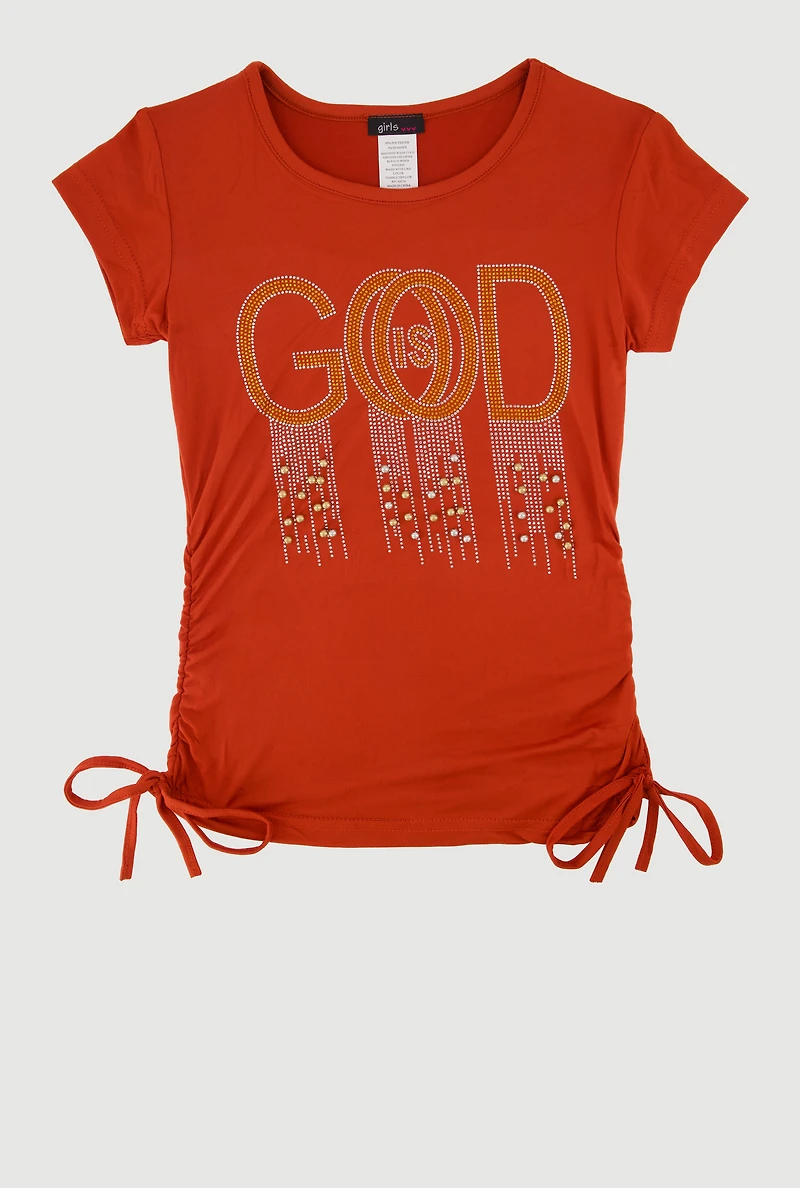 Girls God Is Good Rhinestone Ruched Top, Orange, Size 10-12