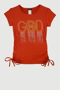 Girls God Is Good Rhinestone Ruched Top, Orange, Size 10-12