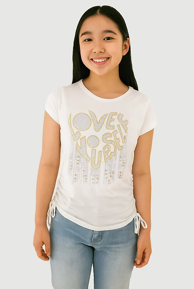 Girls Love Rhinestone Ruched Top, White, Size 7-8