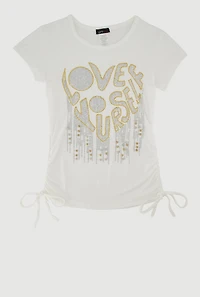 Girls Love Rhinestone Ruched Top, White, Size 7-8