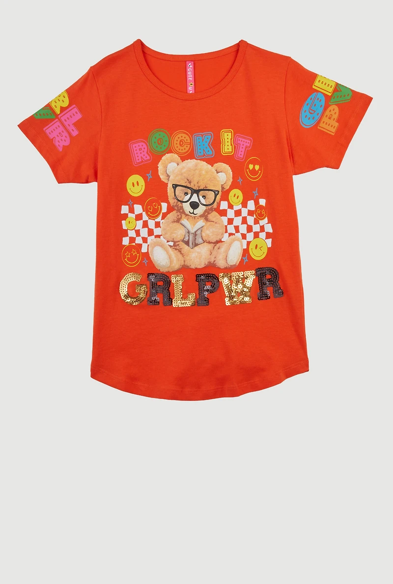Girls Rock It Grl Pwr Sequin Graphic Tee, Orange, Size 14-16
