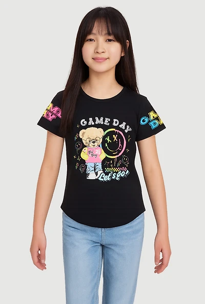 Girls Game Day Sequin Short Sleeve Graphic Tee, Black, Size 10-12