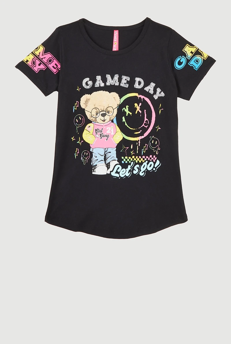 Girls Game Day Sequin Short Sleeve Graphic Tee, Black, Size 10-12