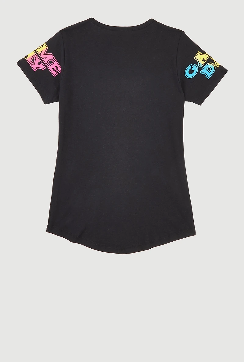 Girls Game Day Sequin Short Sleeve Graphic Tee, Black, Size 10-12