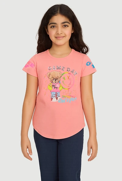 Girls Game Day Sequin Short Sleeve Graphic Tee, Pink,
