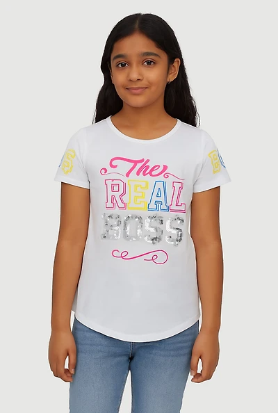 Girls Sequin The Real Boss Graphic Tee,